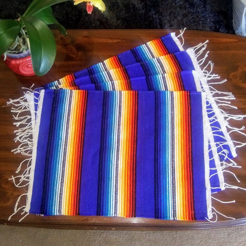 GROOVY GLAM Serape Blue Multicolored Southwestern Woven Cloth Placemats Set of 4